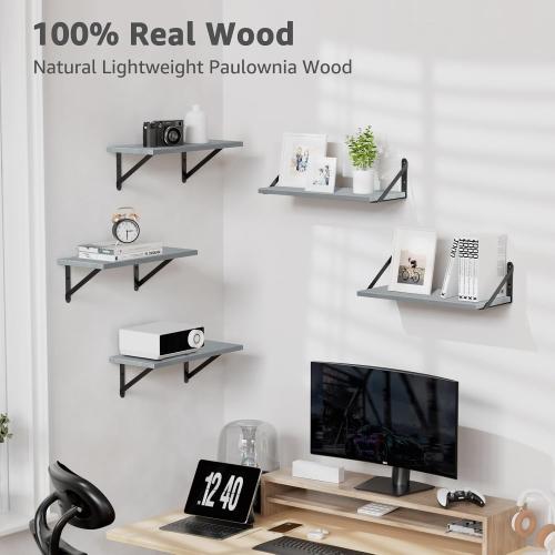 COCOYA Wall Shelves 7.3 Deep Solid Paulownia Wood (Grey, Set of 4)