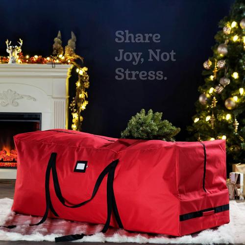ZOBER 600D Oxford Fabric Large Rolling Christmas Tree Storage Bag - Fits 9 Ft Artificial Trees - Waterproof Christmas Tree Bag For Storage Box For Xmas, Durable Handles and Wheels - Card Slot - Red
