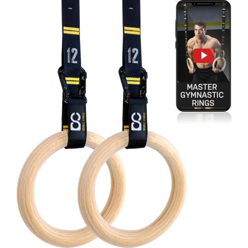 Double Circle Wood Gymnastics Rings with Quick Adjust Numbered Straps and Exercise Videos Guide - Full Body Workout Rings, Calisthenics, Home Gym (Multi-Size)