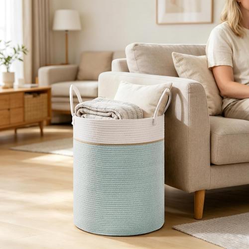100L Extra Large Tall Cotton Rope Laundry Basket with Handles, Sage Green