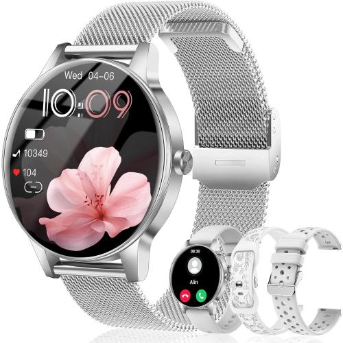 Smart Watches for Women, 1.27'' TFT Fitness Watch With Bluetooth Answer/Make Call,24H Heart Rate/SpO2/Sleep Monitor/Menstrual Cycle/120  Sports Fitness Tracker for iPhone Android iOS(4 Straps,Silver)