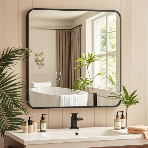 28x28 Black Square Mirror, Bathroom Mirrors for Over Sink, Rectangle Bathroom Vanity Mirror for Wall, Large Modern Metal Frame Shatterproof Rectangular Mirror for Restroom Powder Room Toilet