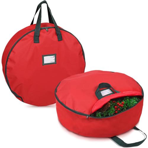 Primode Christmas Wreath Storage Bag  Artificial Wreath Container - Garland Holiday Xmas Wreaths Holder - Sturdy Handles - Inner Straps - Card Slot Dual Zipper Strong Oxford