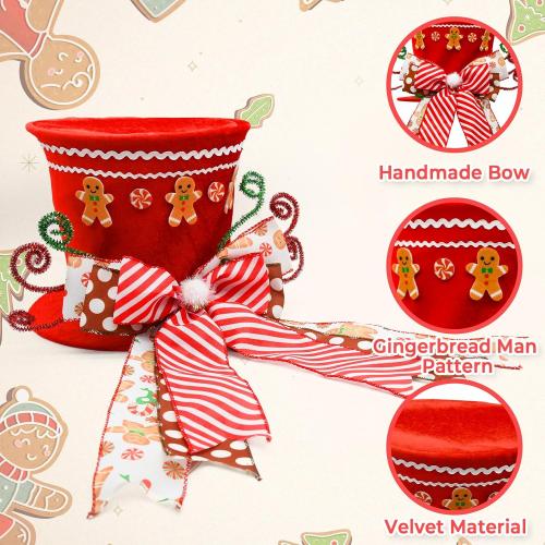 Gingerbread Christmas Decorations Indoor, Red Velvet Christmas Tree Top Hat with Gingerbread Man Motif, Baking-Themed Gingerbread Man Tree Tooper Hat Decor, Candy Cane Christmas Decorations