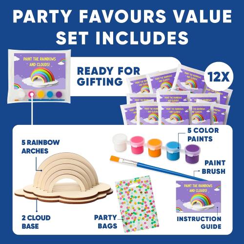 12 Rainbow Craft Kits for Kids - Paint Party Favors with Goodie Bags | Kids paint 12 wooden rainbow sets with pastel paints and brushes - birthday party favors with goodie bags included