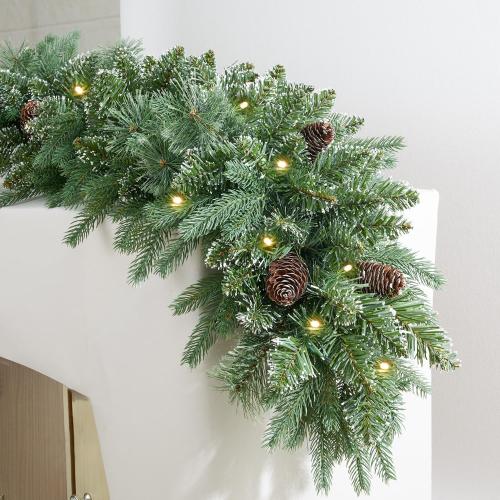9FT Prelit Christmas Garland Decorations 50 led Snow Christmas Garland with Lights Battery Operated with Timer for Outdoor Indoor, Home Decoration Mantle Stairs Railing Fireplace Outdoor Indoor Door