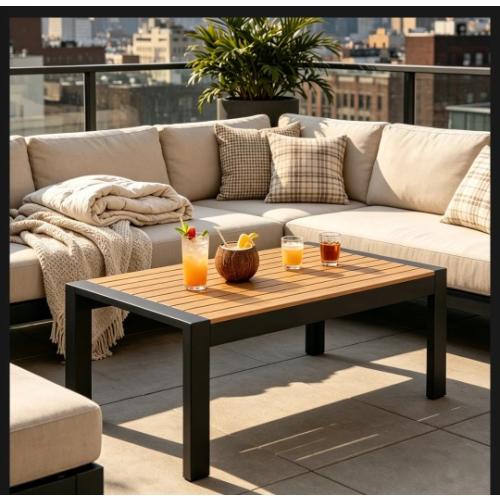 Metal Outdoor Coffee Table, Rectangle Patio Coffee Table, All-Weather Coffee Side Table for Balcony, Poolside, Deck, Garden, Dark Grey