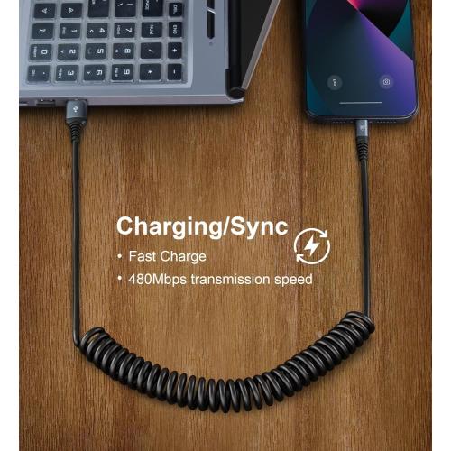 Coiled Lightning Cable, iPhone Charger Cable 3FT for Car, 2 Pack-Black