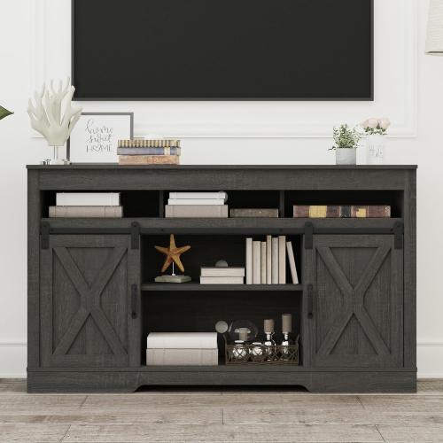 RoyalCraft Farmhouse TV Stand for 65  Inch TV, 34'' Tall Entertainment Center with Sliding Barn Doors, Rustic Wood Media Console Storage Cabinet Television Stand for Living Room, Bedroom (Dark Grey)