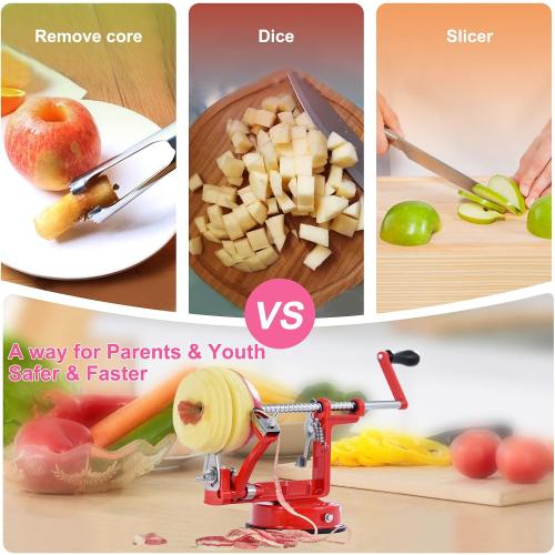 Apple Peeler, Slicer Corer Potato Peelers 3 In 1, Stainless Steel Heavy Duty with Suction Cup Base And 3 Extra Blades (Red)