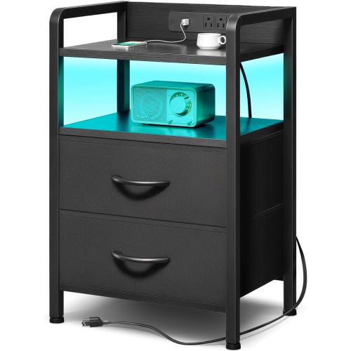 Lazzanto Nightstand with Rear Charging Station, LED Light, 2 Drawers, Black