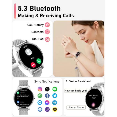 Smart Watches for Women, 1.27'' TFT Fitness Watch With Bluetooth Answer/Make Call,24H Heart Rate/SpO2/Sleep Monitor/Menstrual Cycle/120  Sports Fitness Tracker for iPhone Android iOS(4 Straps,Silver)