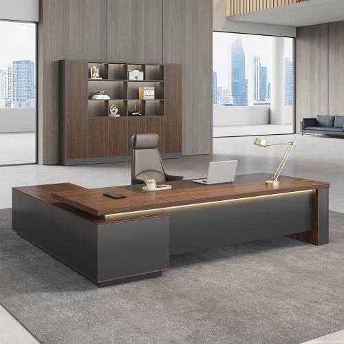 Compact Reversible L Shaped Executive Desk for Manager, Home Office Desk with Power Outlet & USB Ports, LED Ambient Lighting, Storage Cabinet (Red Walnut/Graphite Gray, 63 L*63 W*30 H)