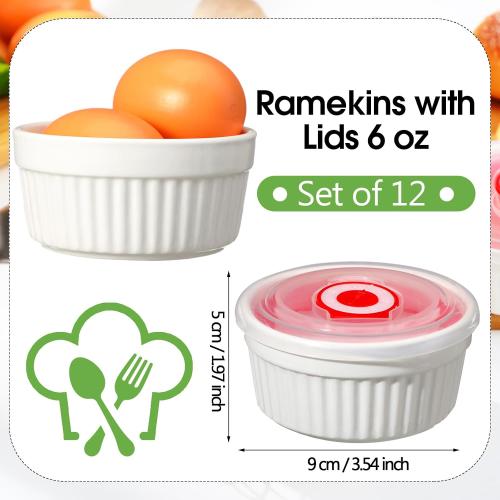 12 Pack White Ramekins 6 oz with Lids, Oven Safe Porcelain