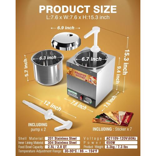 WantJoin Nacho Cheese Dispenser with Pump,2.8Qt Nacho Cheese Warmer,Stainless Steel Hot Fudge Warmer W/5-Level Temperature Adjustment,Commercial Hot Fudge Dispenser for Hot Fudge Cheese Caramel
