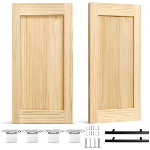 2 Pack Unfinished Pine Shaker Cabinet Doors 13.25 W x 29 H | Solid Wood Replacement Door Fronts With Soft-Close Hinges & Handles; Fits Kitchen Cabinets, Bathroom Vanity, Closet Storage