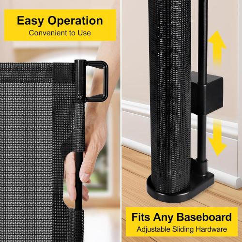 Reinforced 42” Extra Tall Retractable Baby Gates with Rods, Extends up to 60” Wide, Tall Retractable Dog Gate for Doorways Prevent Crawling Through Mesh Pet Gate Indoor Outdoor, Black