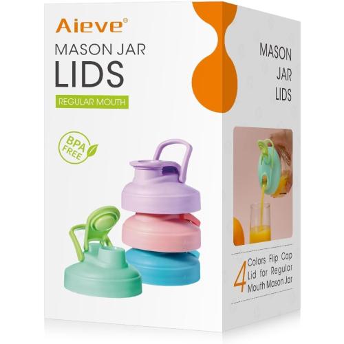 AIEVE Mason Jar Pour Spout Lid, 4 Pack Regular Mouth Mason Jar Lids with Flip Top,Reusable and Leak-Proof Plastic Canning Pitcher Lids tor Milk, Coffee, Juice, Lemonade,Colorful(Jars not Included)