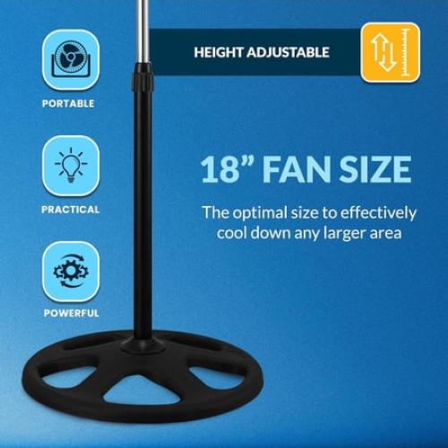 PAMI 18 Oscillating Pedestal Fan with Adjustable Height & 3 Speed Settings, High-Velocity Stand Fan for Home & Bedroom, Black