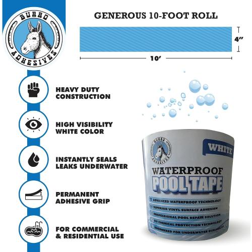 Burro Adhesives Waterproof White Pool Tape 4 x 10' - Heavy Duty PVC Vinyl Pool Repair for Underwater & Dry Applications, Commercial & Residential Pools, Instantly Seals Leaks