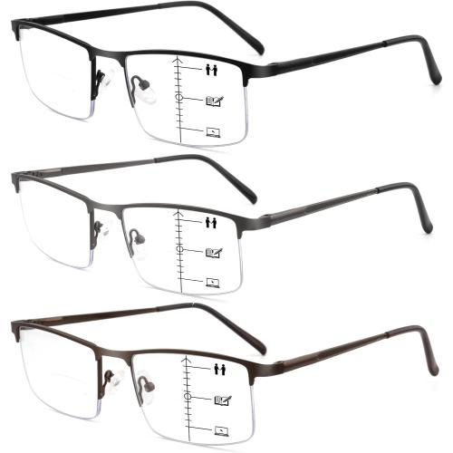 Progressive Reading Glasses for Men,Lightweight Metal Multifocus Readers,Premium Half Frame Blue Light Blocking Eyeglasses 2.50