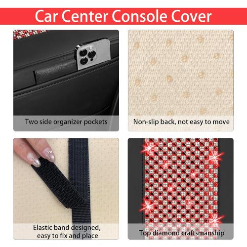 NBTEPEM Bling Car Armrest Cover, Universal Microfiber Leather Center Console Cover with 2 Pockets, Rhinestone Car Armrest Cushion Protector, Bling Accessories Interior for Most Vehicles (Red Diamond)
