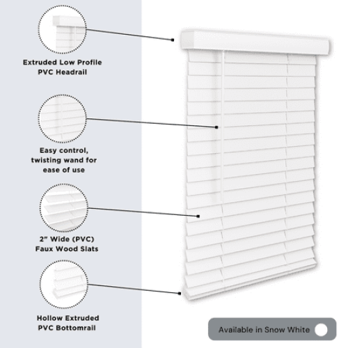 Lotus & Windoware Cordless 2 Faux Wood Room Darkening Horizontal Blind, 35 W x 60 L, Smooth, Snow White