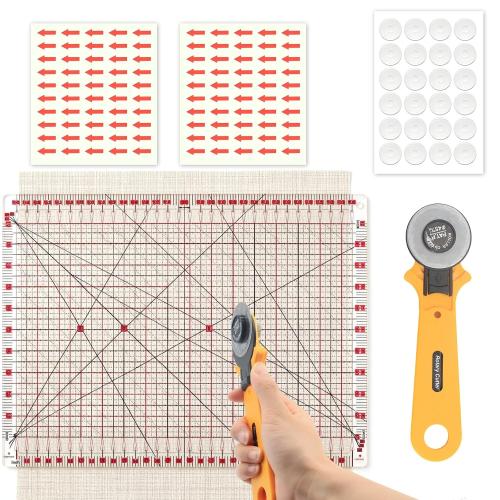 Slotted Quilting Ruler Set – 17“ x 12.8” Acrylic Quilting Rulers with 45mm Rotary Cutter, Non-Slip Mat & Arrow Stickers – Ideal for Precise Fabric Cutting, Sewing, Crafting and Patchwork