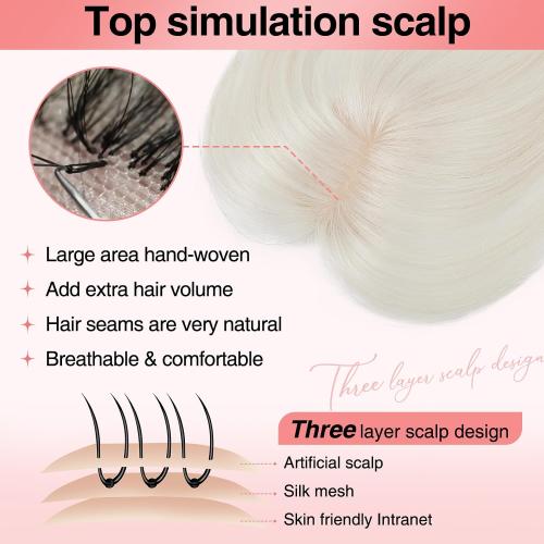 Flufymooz Real Human Hair Toppers for women, 10 Inch Clip in Bangs 100％ Human Hair Toppers for Thinning Hair, Cover Hairpiece with 150% Density Silk Base-White Blonde