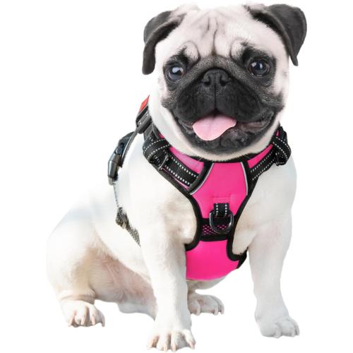 PHOEPET No Pull Dog Harness Medium Reflective Front Clip Vest with Handle,Adjustable 2 Metal Rings 3 Buckles,[Easy to Put on & Take Off](M, Pink)