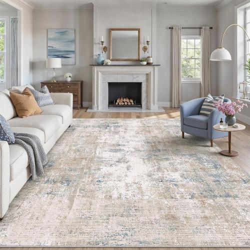 8x10 Beige Blue Abstract Area Rug