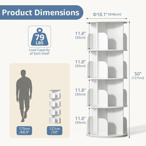 DUMOS 4 Tier Rotating Bookshelf Tower, Round Spinning Bookcase Lazy Susan