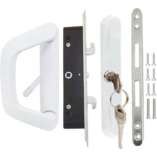 Sliding Patio Door Handle with Mortise Lock and keys, Key Cylinder and Keeper, 4-15/16 Hole Spacing, Reversible Design(Non-Handed), 4 15/16 Glass Door Replacement Handle Lock, Need to Drill (White)