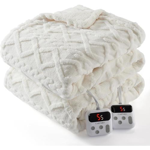 CAROMIO Electric Blanket Queen Size Dual Control - Thick Tufted Sherpa Heated Blanket Queen with 10 Heating Levels and 10 Time Settings, ETL Certified Fast Heating Blanket Queen Size 84×90, White