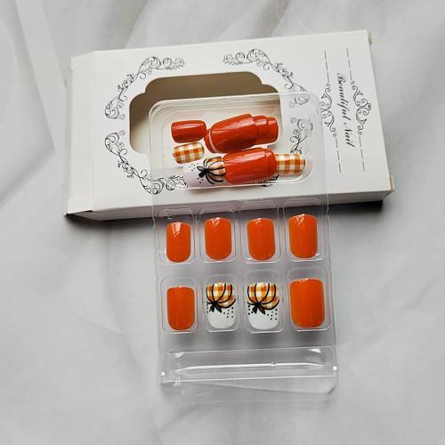 24Pcs Orange Fall Press on Nails Short Square Autumn Fake Nails with Thanksgiving Pumpkin Designs Fall Plaid Glossy False Nails Full Cover Reusable Stick on Nails for Women Manicure