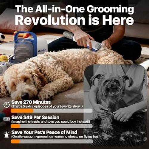 Buenkee Dog Grooming Vacuum Kit, 15000Pa Clipper, Shedding Brush, 2L, White