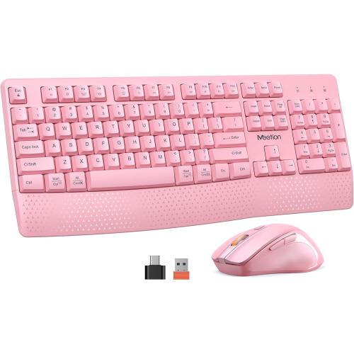 MEETION Wireless Keyboard and Mouse, Full-Sized Cordless Keyboard with Wrist Rest, 3 DPI Adjustable Mouse, Keyboard and Mouse Set with 2.4GHz USB Receiver, for PC/Computer/Laptop/Windows/Mac, Pink