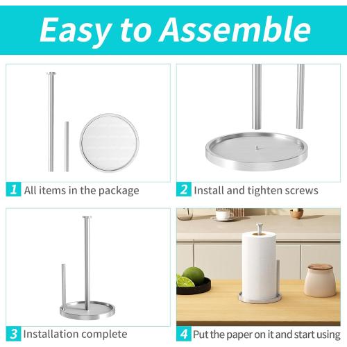 Paper Towel Holder Countertop, Standing Paper Roll Holder with Anti Slip Weighted Base, Stainless Steel Freestanding Paper Towel Holder for Kitchen, Silver