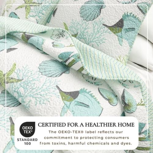 Coastal Quilt Set - Lightweight, Soft, All-Season - 3-Piece Reversible Bedding Set (King / California King, Fish & Coral)