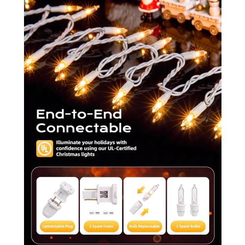 Brightown Christmas Lights Outdoor 100 Count 20Ft String Lights for Indoor | Clear Incandescent Bulb Mini Fairy Lights, Waterproof & Connectable for Xmas Decorations, Christmas Tree Garland, White Wire