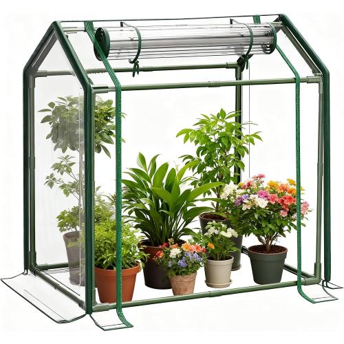 Mini Greenhouse with Zippered Doors & Roll-up Windows, Elevated Bottom Portable Plant Hot House with Durable PVC Cover, Water Resistant, UV Protected for Outdoor Flowers, Vegetables