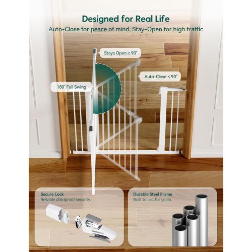 BABELIO Safety Gate Door Fits for Stairs, Narrow and Wide Doorways with Auto Close, Easy Install, No Drilling, Pressure Mounted for Baby, Child, Pets, Dog/Puppy, 26''-40'', White