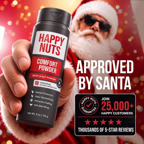 HAPPY NUTS Comfort Powder Deodorant For Men: Anti-Chafing, Sweat and Odor Control for Jock Itch, Aluminum-Free, 6 oz (1 Pack), Original Scent