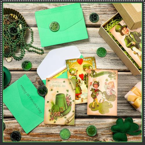 Yinder 24 Set St Patrick's Day Cards with Envelopes Vintage Green St Patrick's Day Shamrock Greeting Cards Retro Clover Irish Cards for Party Classroom Home Office Business (Cute Style)
