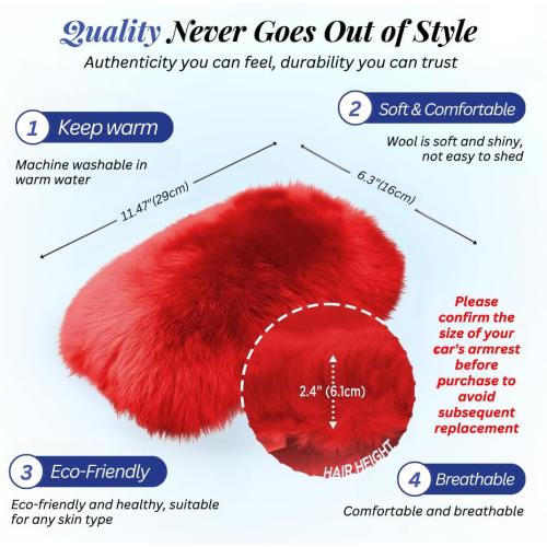 Andalus Brands Pure Australian Sheepskin Fluffy Car Center Console Cover, Luxurious Non-Shedding Furry Arm Rest Cover for Car, Versatile for All Seasons, Red - (11.47 X 6.3)