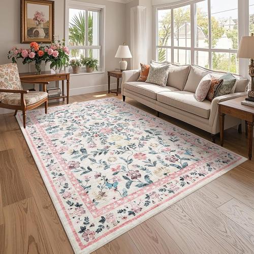 8x10 Vintage Farmhouse Area Rug for Living Room, Washable Floral Distressed Carpet, Non-Slip Low-Profile Soft Rugs for Nursery Bedroom Dining Home Office, Pink
