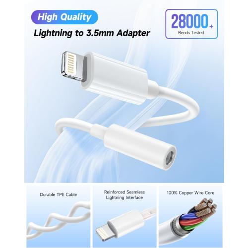 Apple MFi Certified Lightning to 3.5mm Headphone Jack Adapter -Premium Audio Quality & DAC Chip for Music Listening Car, Gym, Home Office, Compatible with iPhone 14/13/12/11/X/8/7 (White)