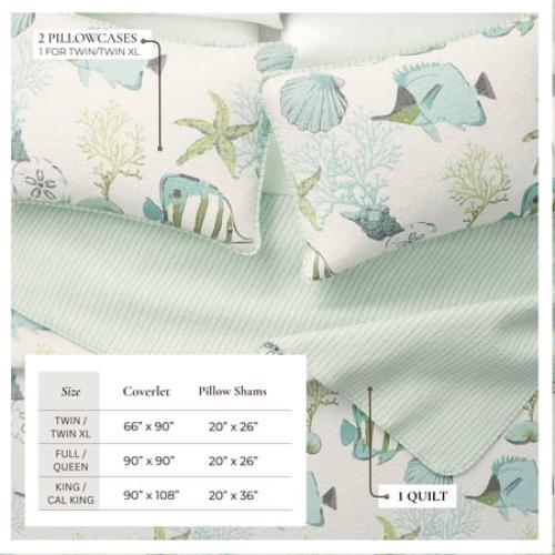 Coastal Quilt Set - Lightweight, Soft, All-Season - 3-Piece Reversible Bedding Set (King / California King, Fish & Coral)