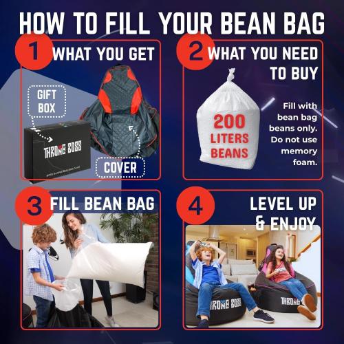 Throne Boss Gaming Bean Bag Chair Cover for Kids with High Back, Red – Floor Gaming Chair Cover, Easy to Clean Fabric, Large Side Pockets, Headphone Hanger, Requires 200 Liters Polystyrene Beans