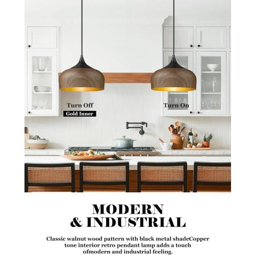 ELYONA Modern Bauhaus Pendant Light Walnut Wooden Pattern Dome Pendant Light Fixture Matte Black Metal Gold Inner Adjustable Hanging Lighting for Kitchen Island Dining Room Office Hallway Bedroom